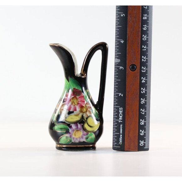 Small Black Vase With Florial Pattern 24K Gold Trim 1950s - Picture 10 of 10